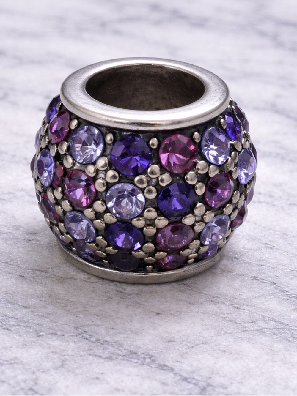 Purple Pink Rhinestone Pave Spacer Charm Silver Tone European Bead